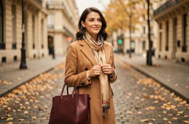 Femme élégante portant un sac en cuir bordeaux et un foulard en soie dans une rue parisienne en automne