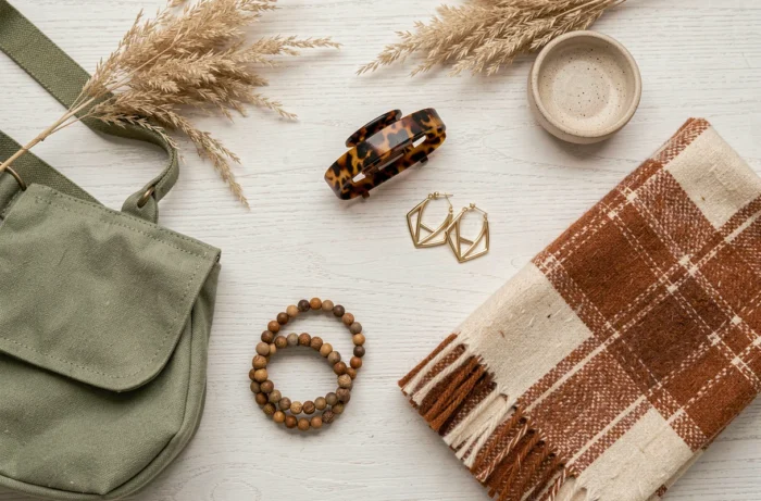 Flatlay d'accessoires tendance de saison incluant bijoux dorés, sac sage green et foulard en laine sur bois naturel