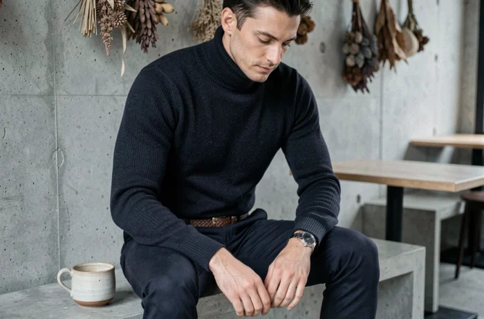 Homme stylé avec une montre minimaliste et une ceinture en cuir tressé dans un café contemporain