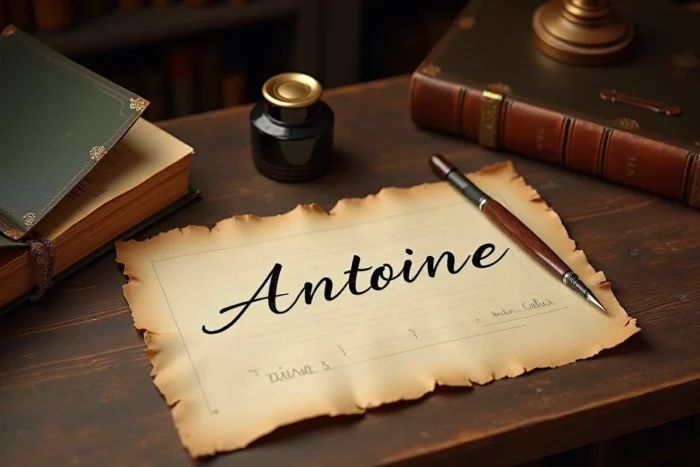 Acte de baptême ancien manuscrit en français avec le prénom Antoine en calligraphie cursive posé sur un bureau en chêne avec dictionnaire et plume