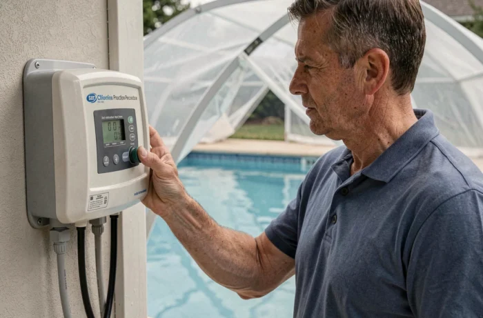 Homme adaptant le réglage de production de chlore sur l'électrolyseur d'une piscine recouverte d'une bâche