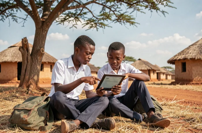 Deux adolescents africains consultant des ressources éducatives numériques sur une tablette sous un arbre dans un village rural d'Afrique subsaharienne