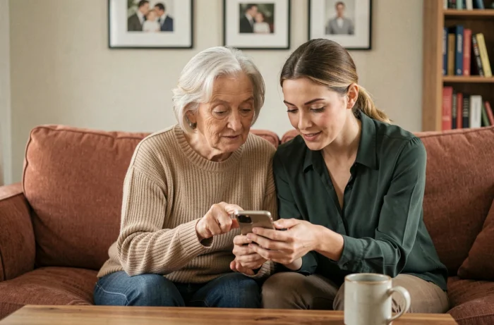 Femme aidant sa mère âgée à télécharger et utiliser l'application Mon Proxima sur un smartphone pour simplifier la tutelle
