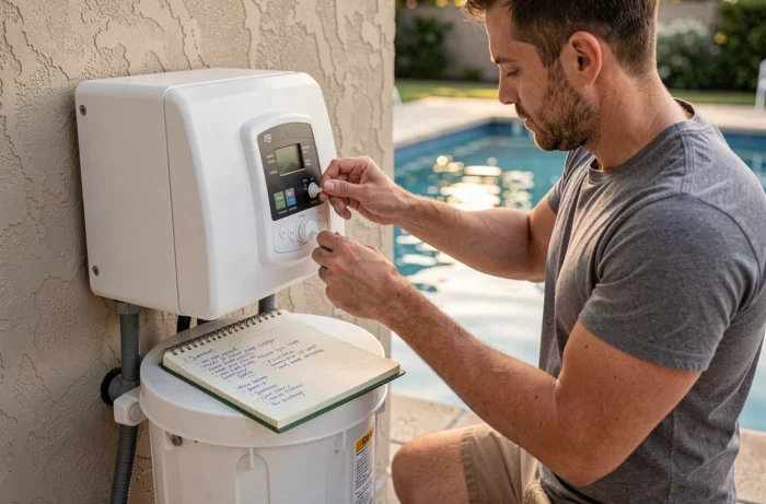 Homme réglant la durée de filtration sur le programmateur de pompe de piscine pendant une période de forte chaleur