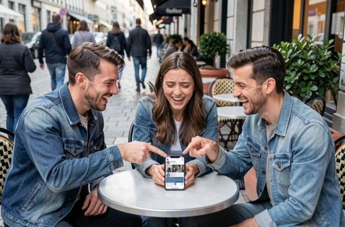 Grupo de amigos descubriendo juntos el significado de una palabra tendencia en las redes sociales alrededor de un café en la ciudad