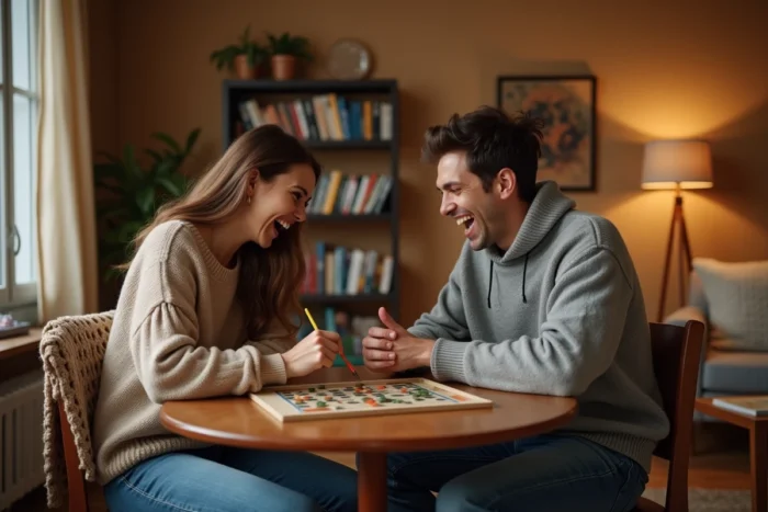 Deux amis jouant à un jeu de société dans un appartement cosy, idée de divertissement original pour le temps libre