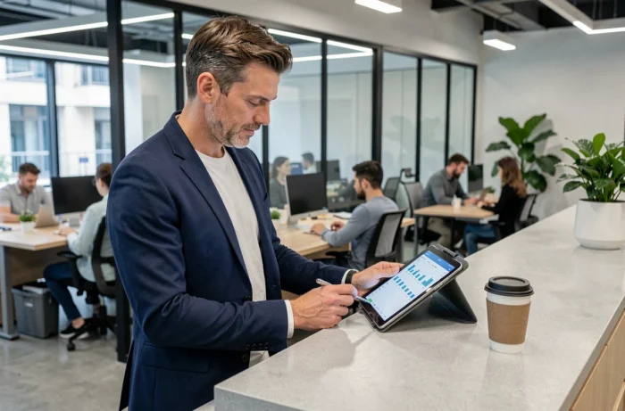 Autoemprendedor consultando un tablero contable en una tablet en un espacio de coworking