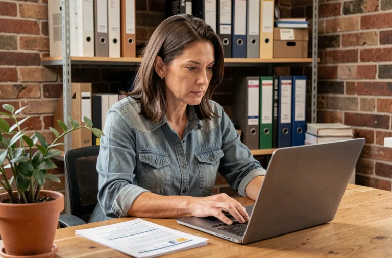 Auto-entrepreneuse consultant ses documents de chiffre d'affaires dans un bureau à domicile
