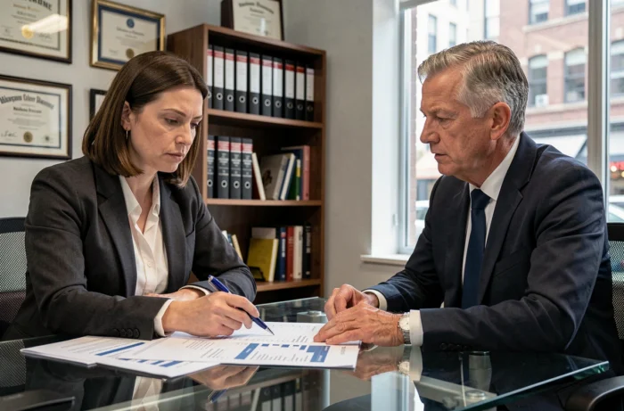 Autoemprendedora en reunión con un contable para verificar los límites de cifra de negocios