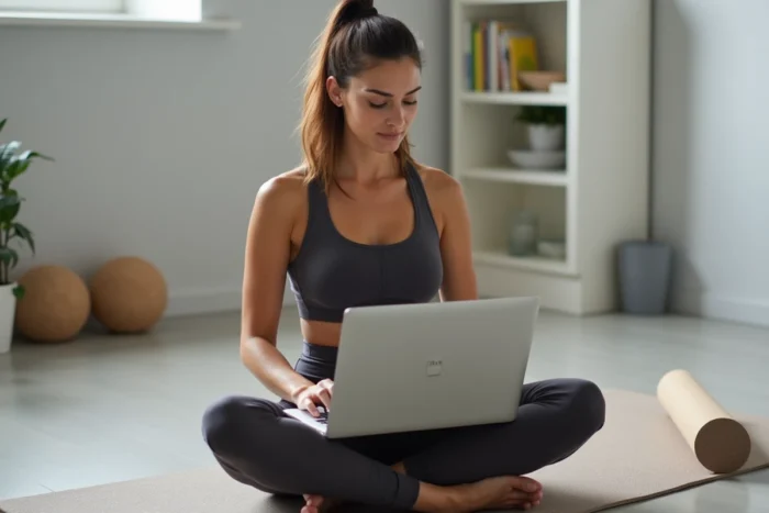 Femme rédigeant un avis sur la marque Halara depuis un espace yoga à domicile, portant des vêtements de sport