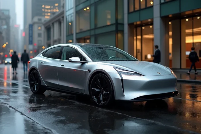 Berline électrique moderne garée devant un showroom urbain contemporain sous la pluie, reflétant les tendances automobiles actuelles