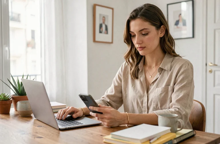 Blogueuse francophone travaillant sur son ordinateur portable dans un appartement parisien décoré avec soin