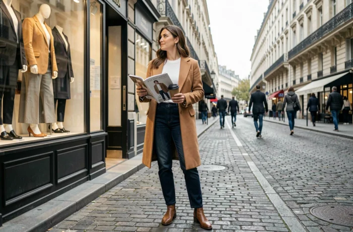 Blogueuse mode francophone dans une rue parisienne tenant un magazine de tendances lors d'une session photo éditoriale