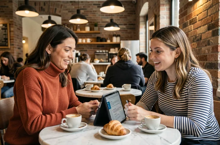 Deux blogueuses francophones échangeant sur les tendances du blogging autour d'un café dans un établissement parisien moderne