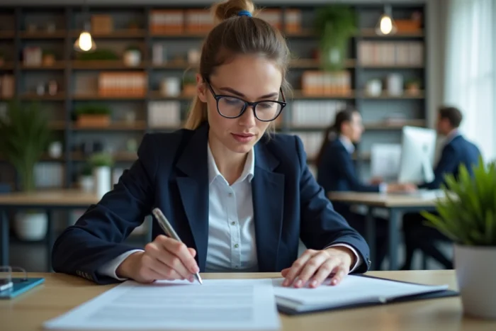 Femme cadre en entreprise analysant un contrat de travail bilingue français-anglais à son bureau, droit du travail et langue étrangère