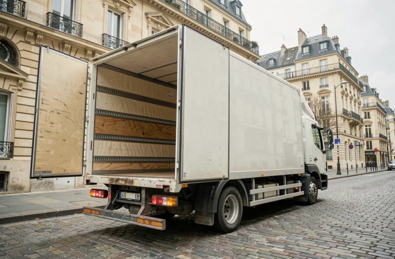 Camion 10m3 portes ouvertes garé devant un immeuble haussmannien à Paris, vue 3/4 bas angle montrant le volume intérieur