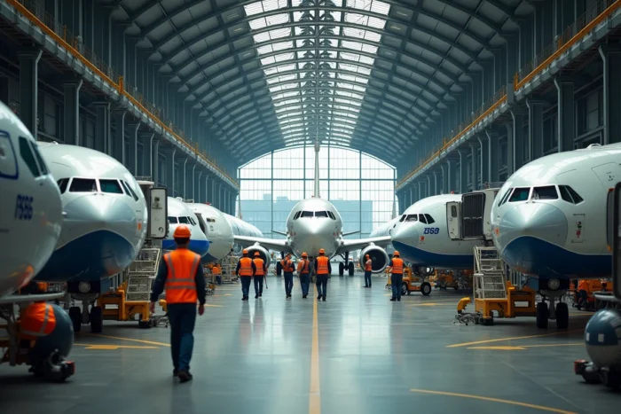 Chaîne d'assemblage final d'avions commerciaux Airbus avec des ouvriers en gilet de sécurité orange dans un vaste hangar industriel