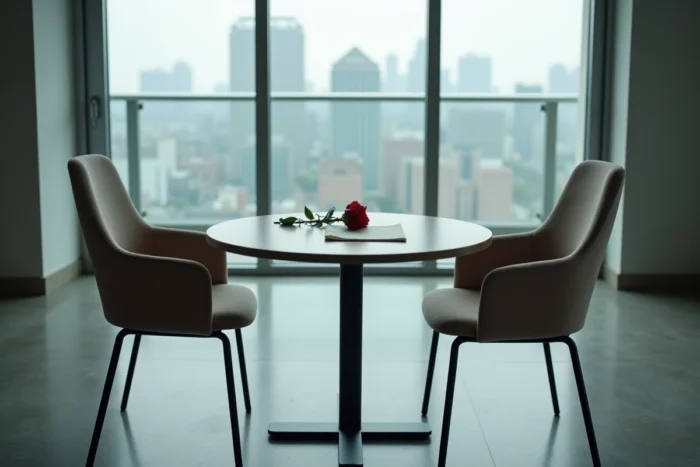 Deux chaises vides face à face avec une rose fanée, représentant la fin d'une relation amoureuse célèbre