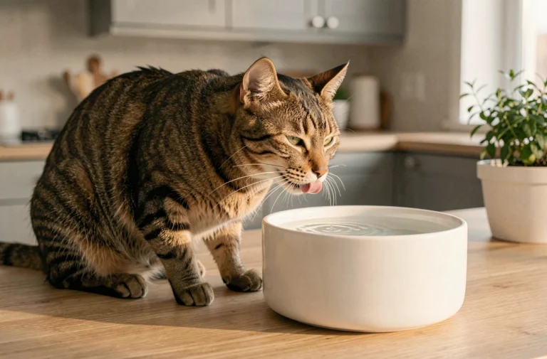 Chat tigré buvant dans une fontaine à eau anti-calcaire en céramique blanche sur un plan de travail en bois clair