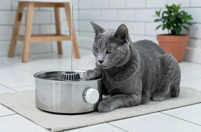 Chat gris observant le flux d'eau d'une fontaine en acier inoxydable posée sur un sol de salle de bain en carrelage blanc