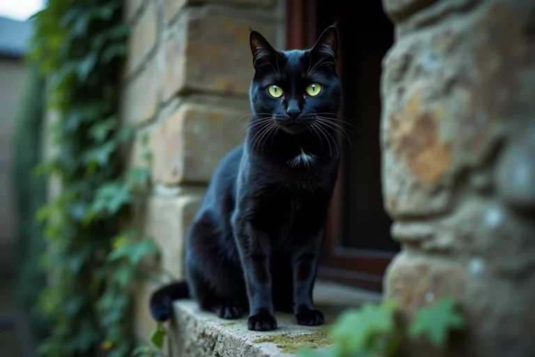 Chat noir aux yeux verts perché sur un rebord de fenêtre en pierre ancienne, regard mystérieux et envoûtant