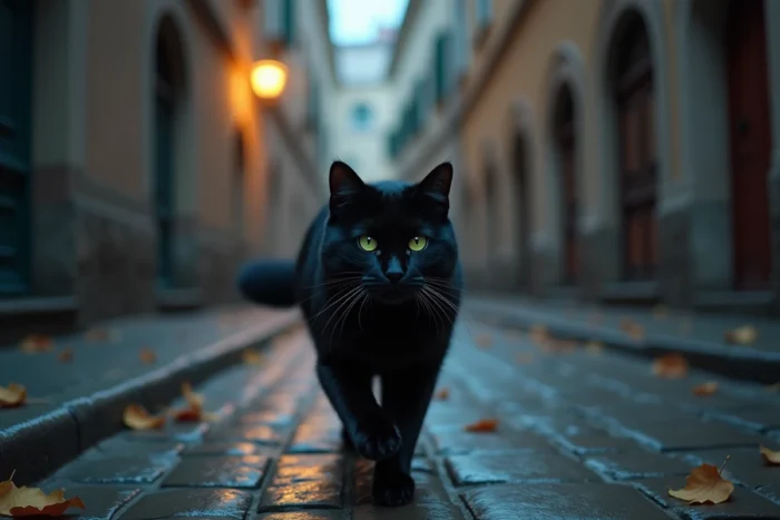 Chat noir aux yeux verts traversant une ruelle pavée brumeuse en ville, atmosphère mystérieuse et crépusculaire