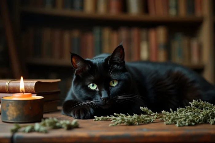 Chat noir aux yeux verts allongé sur une table en bois entourée de vieux livres et d'herbes séchées dans un décor mystique