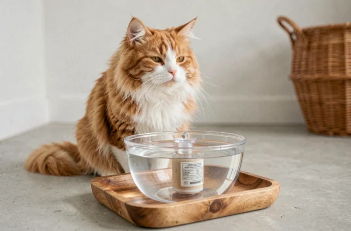 Chat persan roux et blanc assis derrière une fontaine à eau anti-calcaire transparente posée sur un plateau en bois dans un salon minimaliste