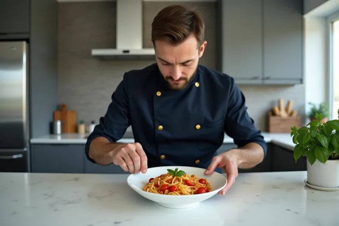 Chef dressant un bol de pâtes fraîches maison avec basilic et tomates cerises