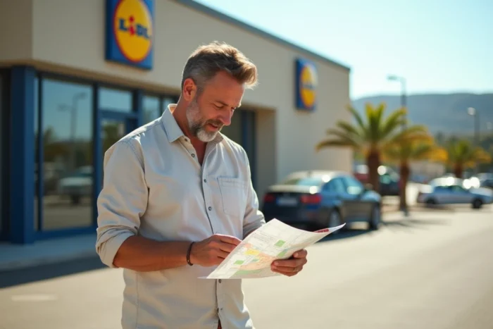 Client consultant les horaires et adresses d'un Lidl en Corse sur smartphone devant le magasin