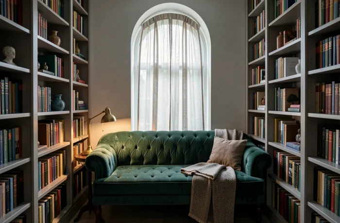 Coin lecture douillet avec banquette en velours vert, bibliothèque intégrée et fenêtre arquée pour une décoration intérieure originale