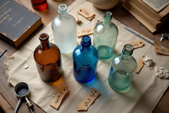 Collection de bouteilles en verre anciennes de différentes époques disposées en flat lay avec loupe et livre de référence pour dater le verre ancien