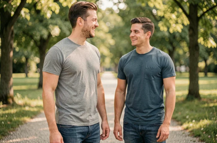 Deux hommes de tailles différentes discutant dans un parc, illustrant la diversité des morphologies masculines et les perceptions sociales de la taille