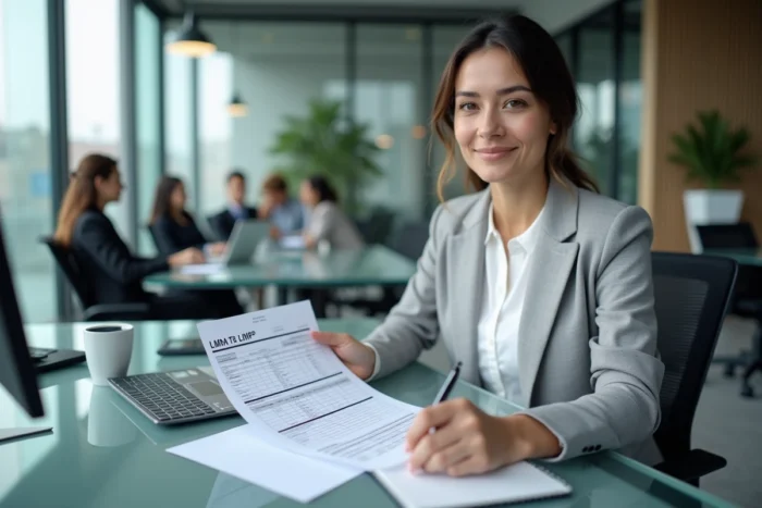 Femme comptable analysant un formulaire de déclaration LMNP dans un bureau professionnel moderne