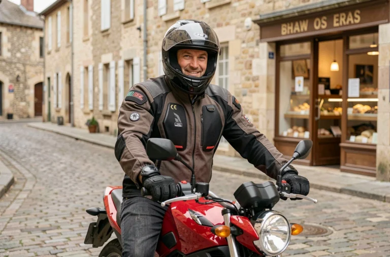 Homme en équipement moto complet sur une 125cc rouge dans une rue de village français