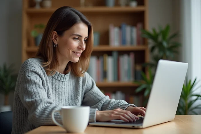 Femme connectée à son espace client bancaire en ligne sur un ordinateur portable à domicile