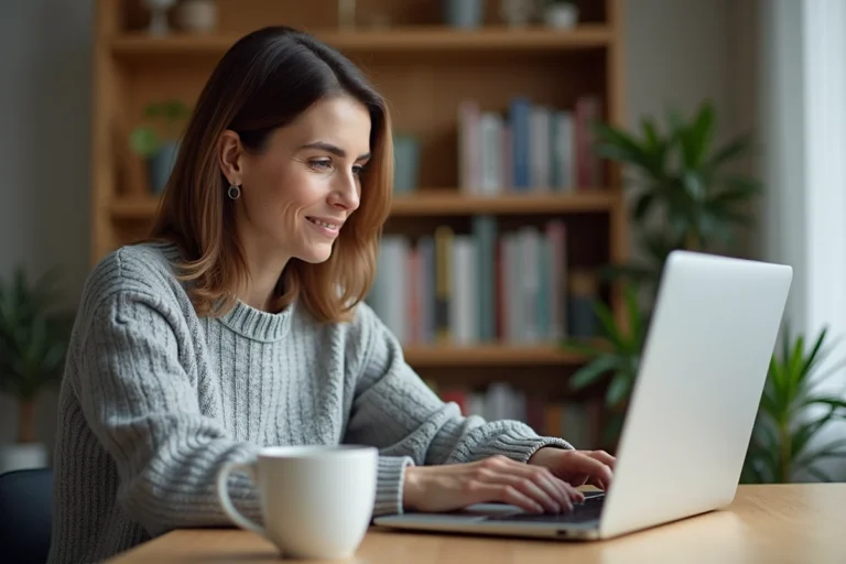 Femme connectée à son espace client bancaire en ligne sur un ordinateur portable à domicile