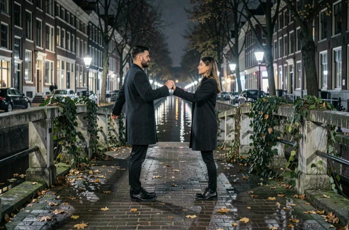 Couple séparé sur un pont nocturne symbolisant la connexion spirituelle entre flammes jumelles à l'heure miroir 22h10