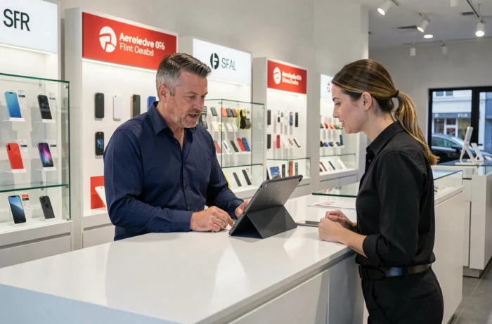 Cliente discutiendo la cancelación de su seguro de smartphone Chubb con un asesor en tienda SFR