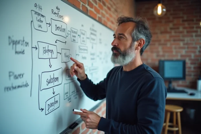 Consultant en architecture web expliquant une structure de sitemap dessinée sur un tableau blanc dans un studio créatif