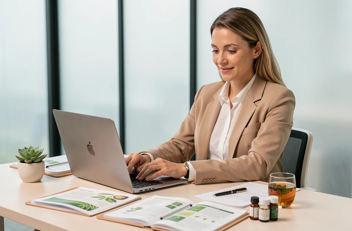 Consultante en bien-être naturel travaillant sur ordinateur portable avec des fiches produits à base de plantes et des extraits naturels dans un bureau professionnel contemporain