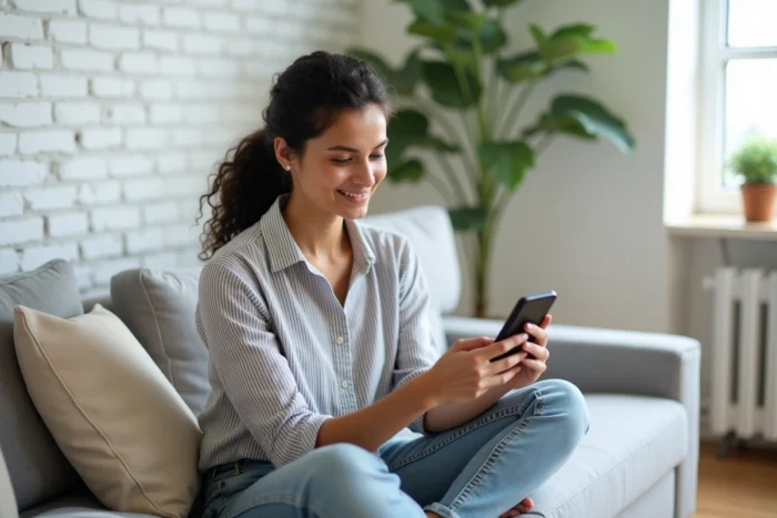 Jeune femme consultant son espace client bancaire sur smartphone depuis son salon