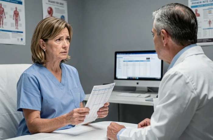 Consultation médicale pour analyser un bilan sanguin avec taux de triglycérides élevés
