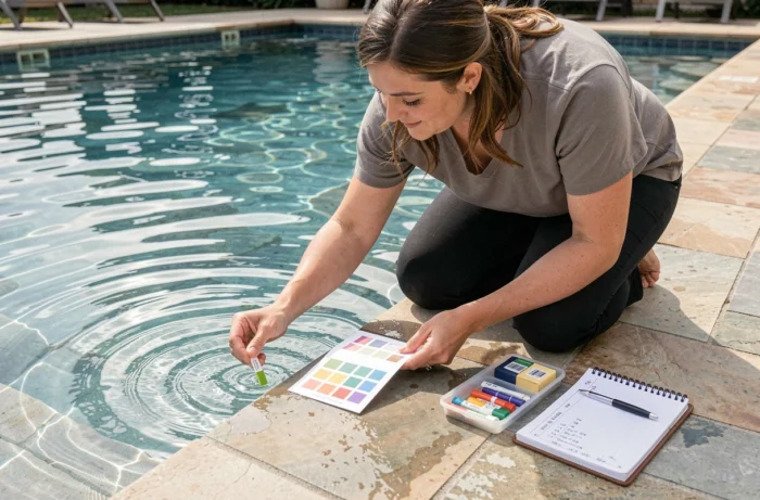 Femme effectuant un contrôle du pH avec une bandelette de test au bord d'une piscine au sel