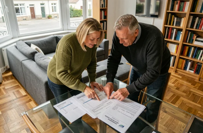 Pareja analizando documentos de precios de venta inmobiliarios en una mesa en un salón moderno