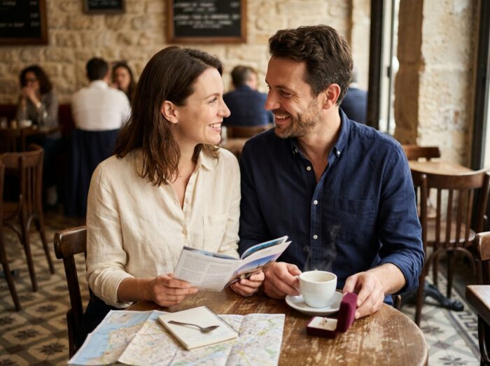 Couple de trentenaires dans un café parisien comparant un voyage et un bijou comme idée cadeau pour leurs 10 ans de relation