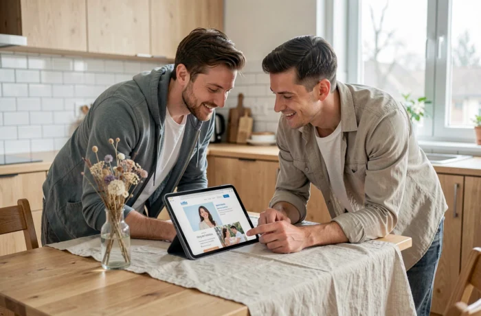 Pareja planificando su boda juntos consultando un sitio de inspiración en una tableta en una cocina moderna