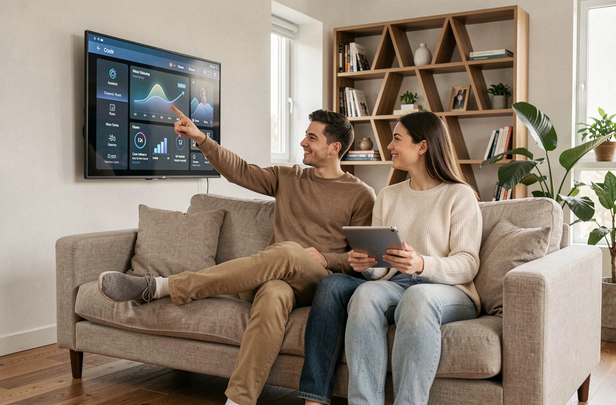 Couple utilisant un panneau domotique intelligent dans leur salon connecté, représentant l'évolution des innovations high-tech dans l'habitat moderne