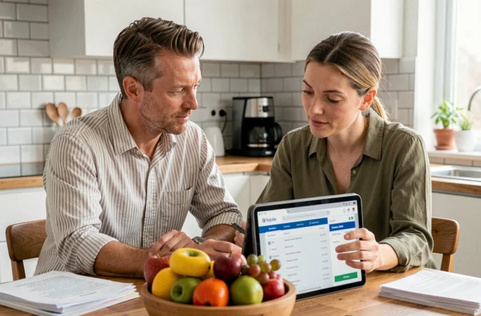 Couple gérant leurs finances ensemble sur une tablette dans une cuisine contemporaine, comparant des offres bancaires en ligne