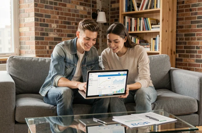 Couple planifiant ensemble leurs finances personnelles sur un ordinateur portable dans un appartement moderne